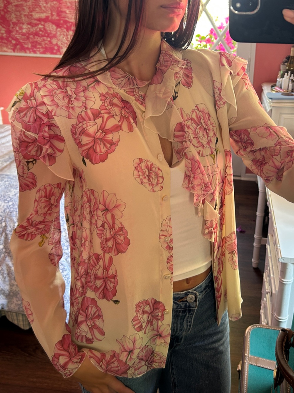 Floral Button-Up Blouse — Pink Flower Print